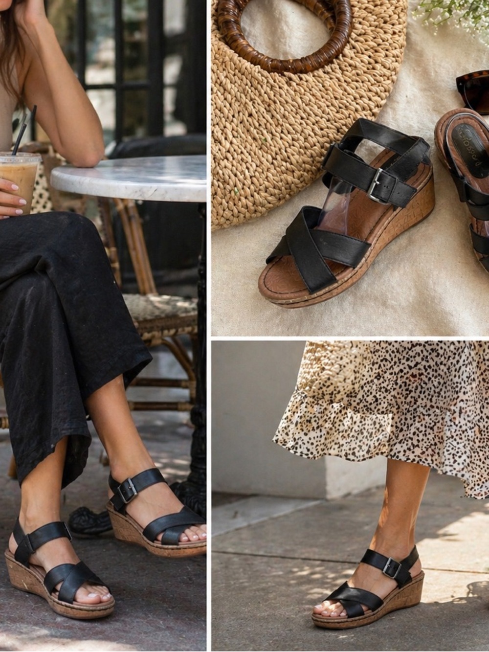 b.ø.c. Born Concept Sandals Women 8M Black Cork Wedge Comfort Criss Cross Buckle